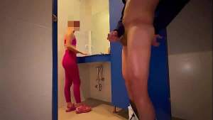 I hide in the women’s locker room at the gym and surprise a girl who helps me finish cumming