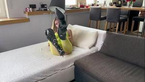 Horny girl in fishnet after roug sex get cumshot on latex high heels