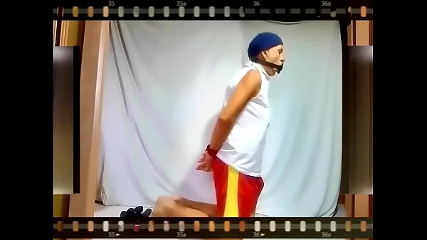 naked pathetic white slave appear dressed on party, striptease, punish himself put clamps on gay balls, CMNM