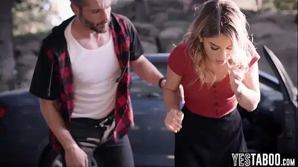 Stranded blonde MILF hitchhikes and fucks big dick stud outdoors